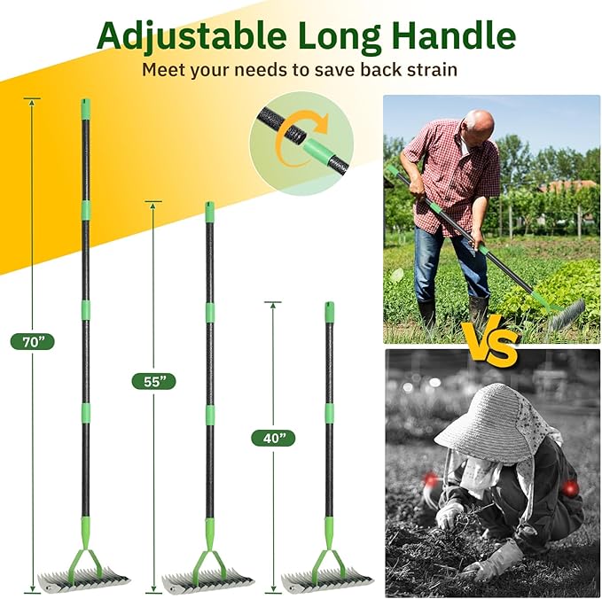 Thatch Rake, 13" Wide Efficient Dethatcher Rake with 70" Adjustable Long Handle, Heavy Duty Steel Metal Dethatching Rakes for Cleaning Dead Grass, Loosening Soil, Lawn Care in Yard Garden