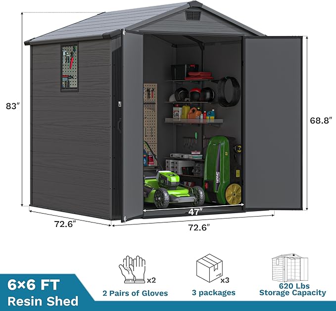 Devoko 6x6 FT Plastic Outdoor Storage Shed - Lockable Resin Tool Shed with Window & Floor - Easy Assembly for Garden, Backyard, Dark Gray
