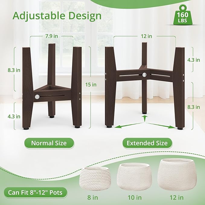 LUE BONA 2 Pack HDPS Plant Stand, Adjustable Plant Stand Indoor for 8-12 Inches Pots, Mid Century Modern Plant Holder for Indoor, Outdoor, Coffee Brown