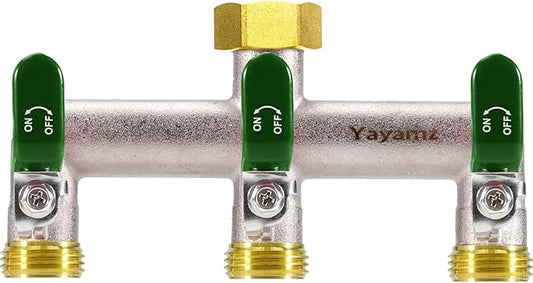 3 Way Garden Hose Splitter, Heavy Duty Brass Nickel Plated Rust Resistant Faucet Manifold, 3/4" Frost Resistant Outdoor Hose Adapter Connector，Hose Spigot Adapter with 3 Large Green Handles