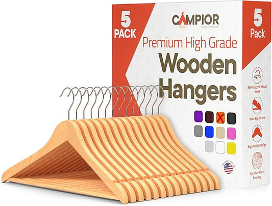 Natural Wooden Hangers 5 Pack – Heavy-Duty with 360° Swivel Hook, Non-Slip, Pants Bar & Shoulder Grooves - Wooden Hangers for Suits, Jackets, Dresses & Camisoles, Space-Saving and Smooth Finish