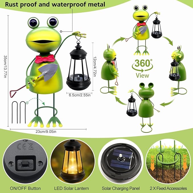 Solar Garden Lights Frog Statue,13.78in Tall Frog with Lantern Waterproof, Christmas Birthday Gifts for Women Mom Grandma, Big Metal Frog Stakes Decorative for Home Front Patio Balcony Yard Art Lawn
