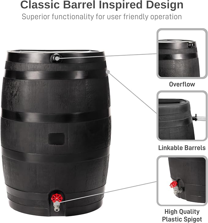 RTS Home Accents 50-Gallon ECO Rain Barrel Made with 100% Recycled Plastic, Flat Back Rain Water Collection Barrel, Link Kit Included, Black (2 Pack)