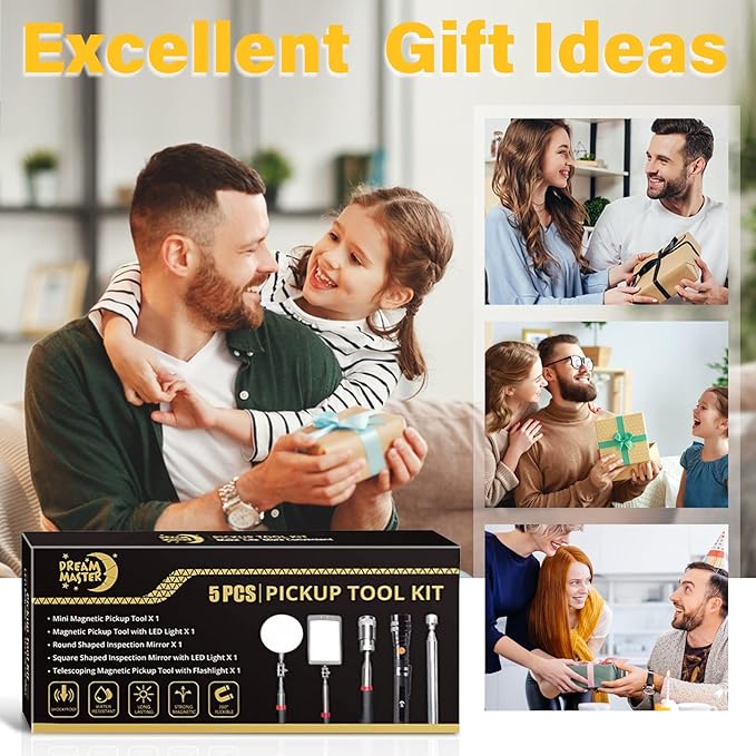 Magnetic Pickup Tool Set with 15lb&1lb Pick Up Rod, Round&Square 360 Swivel Adjustable Inspection Mirror, Telescoping Flexible Flashlight, Christmas Gifts Stocking Stuffers For Men, Dad, Husband