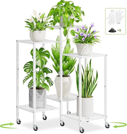 iDavosic.ly 6 Tier Plant Stand Indoor with Wheels, Metal Tiered Corner Flower Holder Shelf Outdoor for Large Pots, Tall Rolling Rack for Patio Porch Garden Balcony Living Room, White