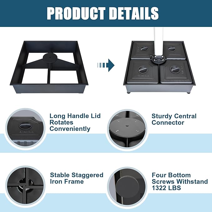 EliteShade USA 33" x 33" Offset Patio 300LBS Umbrella Base Sand/Water Filled Square Umbrella Stand,Black Umbrella Base