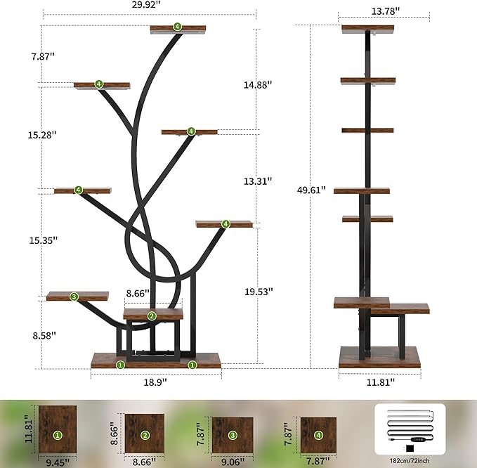 Plant Stand Indoor with Grow Lights - 8 Tiered Corner Plant Shelf Indoor, 50" Tall Lighted Plant Stand for Indoor Multiple Plants, Flower Stands Display Rack Holder for House, Patio, Black