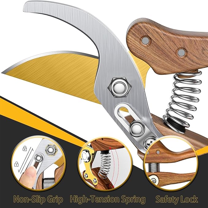 2 Pack Garden Pruning Shears, Heavy Duty Garden Scissors & Clippers for Wood & Tree Trimming, Safety Lock, for Cutting Flowers, Trimming Plants, Picking Fruits (Gold)