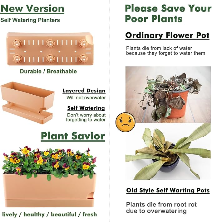 4 Pack Self Watering Pots for Indoor Plants 17 Inches Window Boxes Planters Rectangular Flower Pots Rectangle Herb Pots Large Plant Pots with Drainage Holes and Saucers Windowsill Planter, Orange