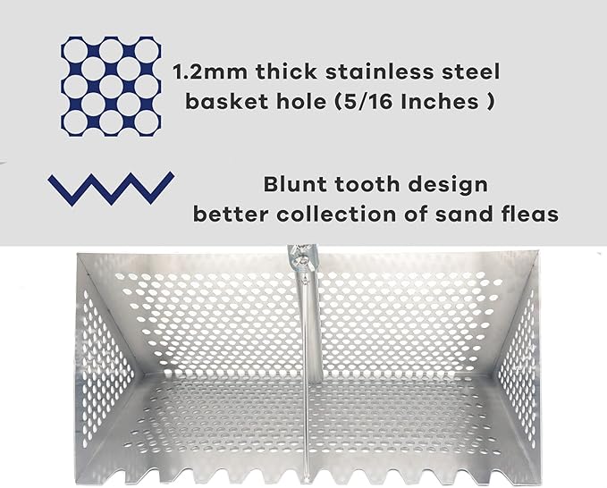 Sand Fleas Rake, Stainless Steel Sand Sifter, Detachable 47 Inches Long Handle, 15.7 Inches Width Basket, Sand Crab Catcher with Sharp Teeth,Collapsible Sand Fleas Catcher for Travelling.