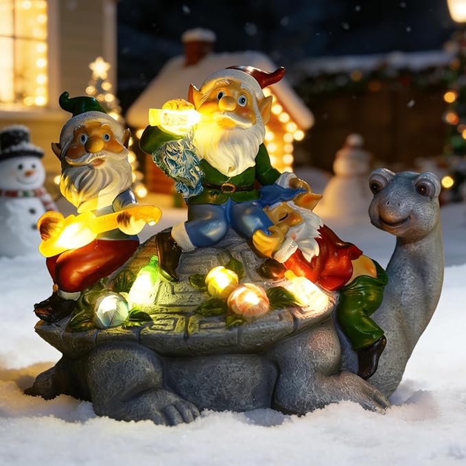 Christmas Gnomes Outdoor Statue Three Gnomes Having Party on Turtle with 7 LED Solar Figurine for Garden Lawn,Patio,Yard Decor Unique for Grandfather, Father,Grandma,Wen