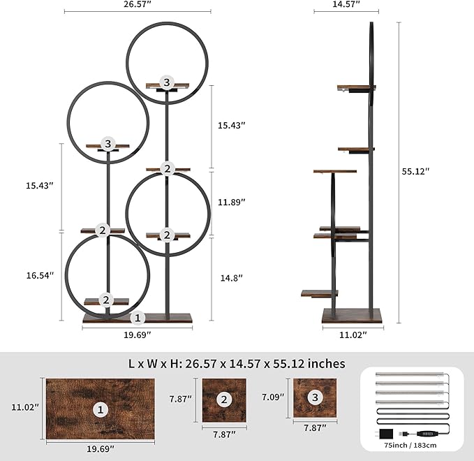 Plant Stand Indoor with Grow Lights - 6 Tiered 55" Round Corner Plant Stands for Indoor Plants, Plant Shelf with Grow Light, Multiple Metal Lighted Plant Stand for Balcony, Living Room, Patio