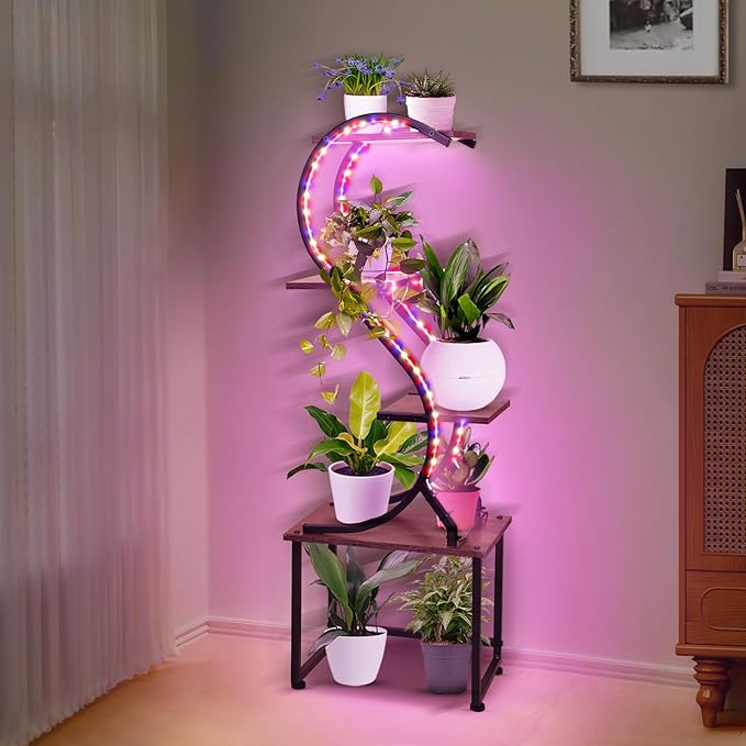 Plant Stand Indoor with Grow Lights - No Visible Cords, 43" Tall Plant Shelf Indoor, 4 Tiered Corner Plant Stands for Indoor Plants, Metal Flower Display Shelves, Lighted Plant Rack for Home Decor