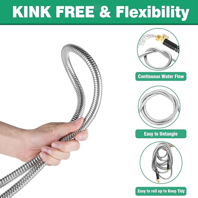 50Ft Metal Garden Hose durable stainless steel Water Hose, flexible, lightweight hose is resistant to kinks and tangles.With 10-way nozzle, strong 3/4” metal fittings, and a Stop Valve.