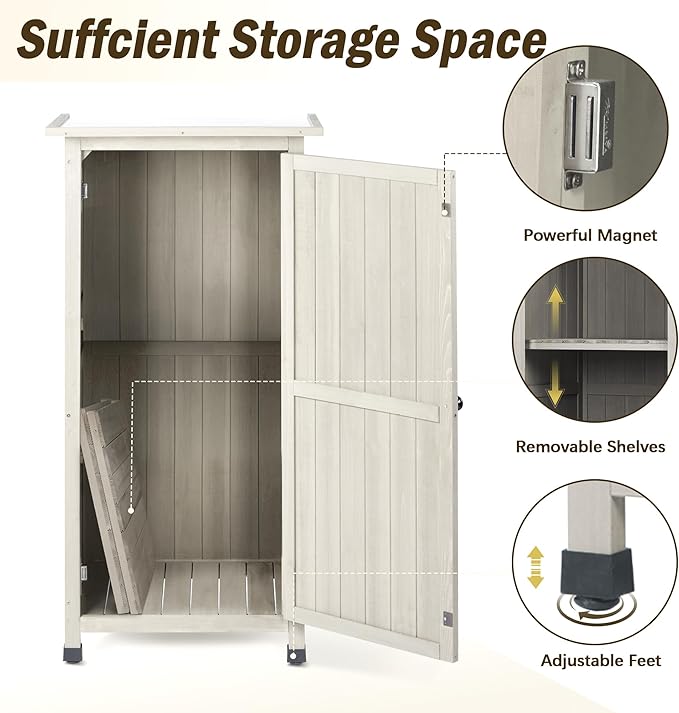 Wooden Outdoor Storage Cabinet, Vertical Garden Tool Shed with Waterproof Metal Roof & 2 Adjustable Shelves Ideal for Yard, Patio, Deck and Porch (Gray, 20" x 24" x 48")