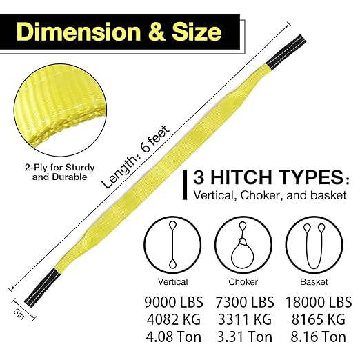 Lift Sling Straps,3" x 6' Heavy Duty Flat Eye Lifting Sling Straps, Web Slings Strap for Fitness, Wearing Guard, Moving Furniture, Rigging Equipment 9000 Vertical, 7300 Choker, 18000 Basket