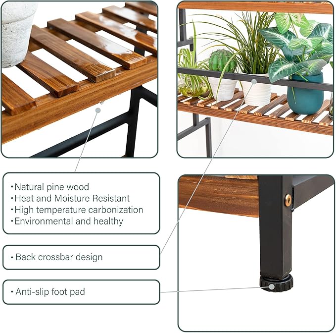 ULIKE 3-Tier Hanging Plant Stand – Wood & Metal Frame Indoor Outdoor Shelf for Patio, Balcony, Garden Multi-Purpose Plant Display | Carbonized Pine Wood | Sturdy Tall Rack for Potted Plants