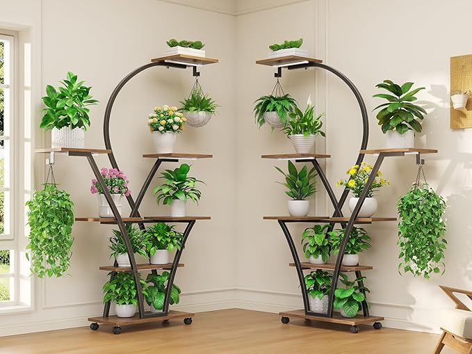 Itaar Plant Stand Indoor with Grow Light, 2-Pack 64" Tall Plant Shelf, 7 Tiered Corner Plant Stand with Wheels, Large Plant Rack Display Shelves, Curved Plant Holder for Living Room, Rustic Brown