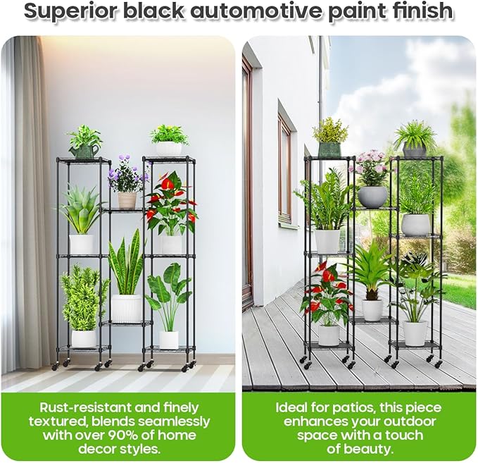 Abimars 59'' Plant Stand with Wheels, Shelf Height Adjustable Metal Plant Shelf for 8 Potted Plants, DIY Assembly Indoor & Outdoor Plant Display Rack