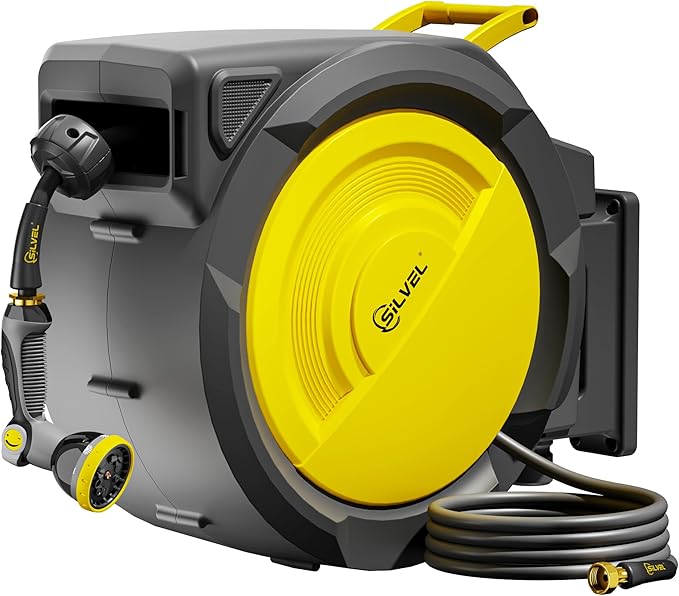 SILVEL Retractable Garden Hose Reel – 1/2 in x 150FT Heavy Duty Automatic Hose Reel Wall Mounted, UV Resistant with 10 Pattern Nozzle, Any Length Lock & Slow Return System, 180°Swivel Bracket, Yellow