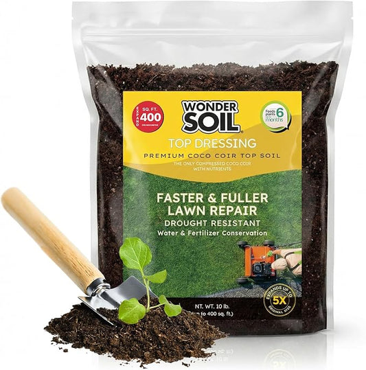 Premium Nutrient Rich Lawn Top Dressing Turf Expanding Coco Coir Mix – 10 LB Covers up to 400 sq. ft. – Grow Thicker Greener Grass in Drought Heat Conditions – Save Water, Seed, & Fertilizer