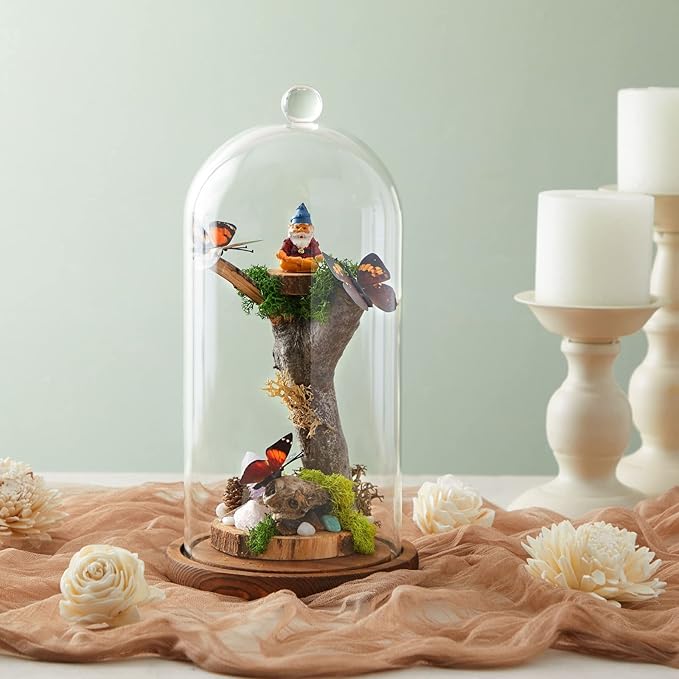 Farmlyn Creek Glass Dome Cloche Display Case - 5.1 x 5.1 x 10 in, Clear Dome & Wood Base - Cloche & Glass Cover - Succulent & Collectible Display