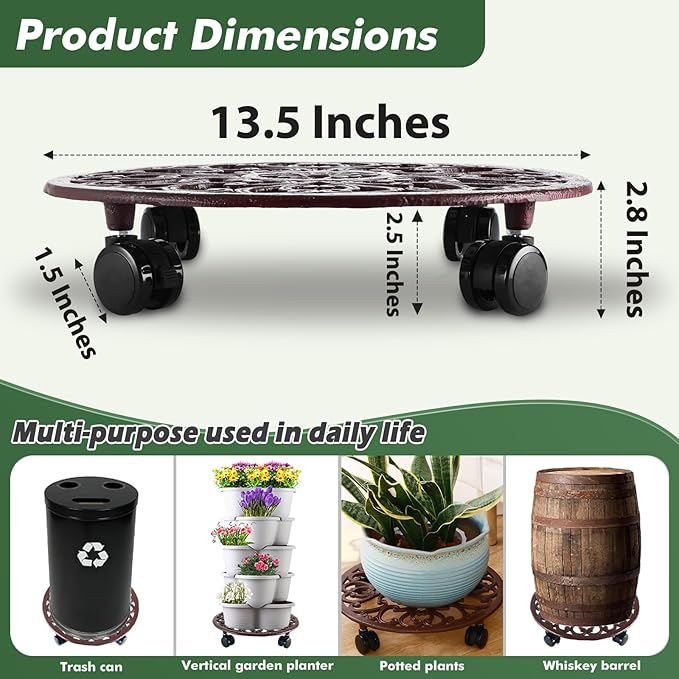 2 Packs 14 Inch Rolling Plant Stand with Wheels Metal Plant Caddy with Wheels Heavy Duty Round Plant Stand Indoor Iron Plants Rollers for Plants, Plant Dolly Brown