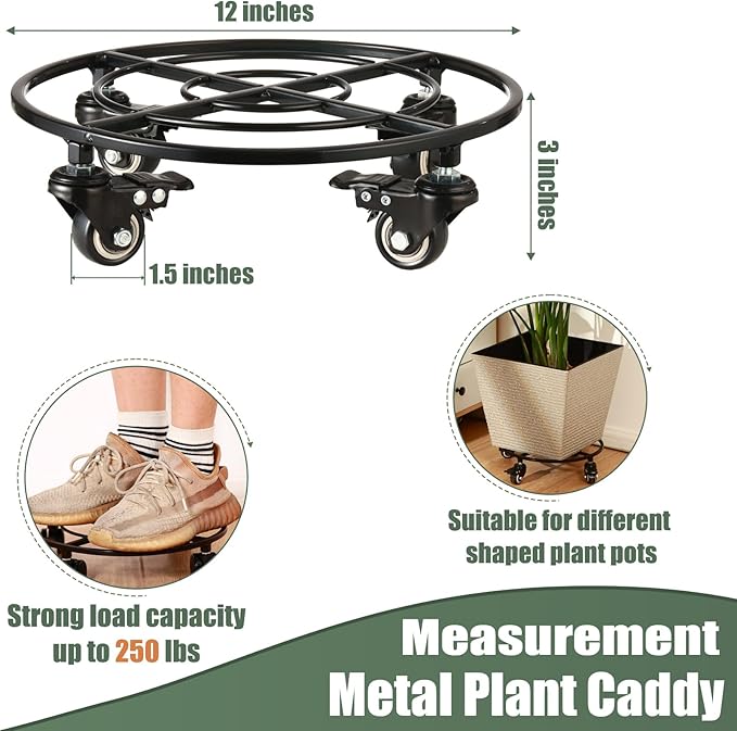 3 Packs Metal Plant Caddy with Wheels 12" Large Rolling Plant Stands Heavy-Duty Wrought Iron Plant Dolly Plant Rollers Planter Mover with Metal Casters, Strong Load Capacity