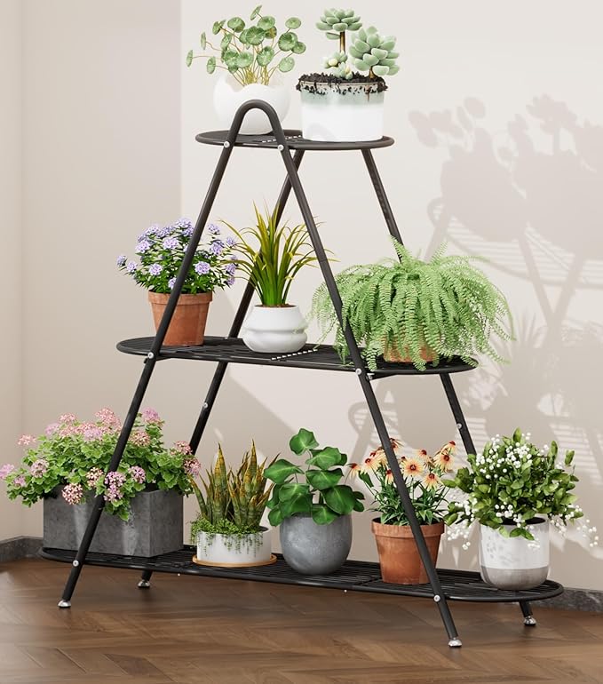 3-Tier Plant Stand, Heavy Duty Metal Planter Rack -Indoor/Outdoor Shelves with Large Tier’s Shelf - Display Multiple Flower Pots, Iron Plant Organizer for Living Room, Patio & Garden