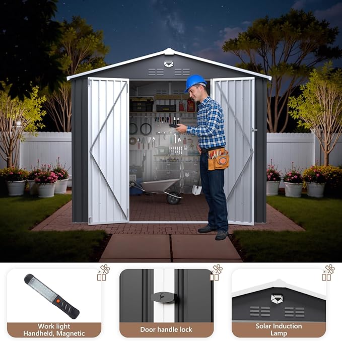 10x14 FT Outdoor Storage Shed, Metal Garden Shed - Tool Storage Sheds with Lockable Doors, Waterproof Outside Storage Building for Backyard, Patio (Black; Floor Not Included)