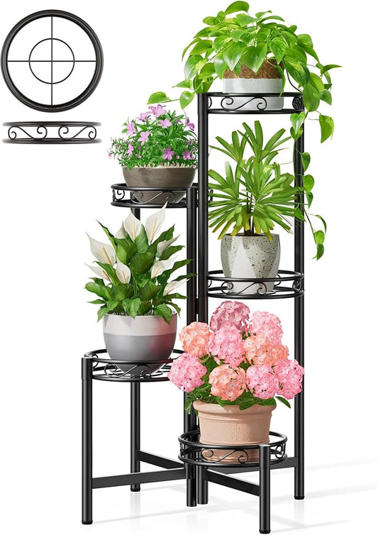 Metal Plant Stand Indoor Outdoor, 5 Tier 5 Potted Multiple Plant Shelf Stands, Wrought Iron Flower Holder Shelf, Folding Tall Rack Shelf for Patio, Balcony, Corner Living Room - BlackCircle