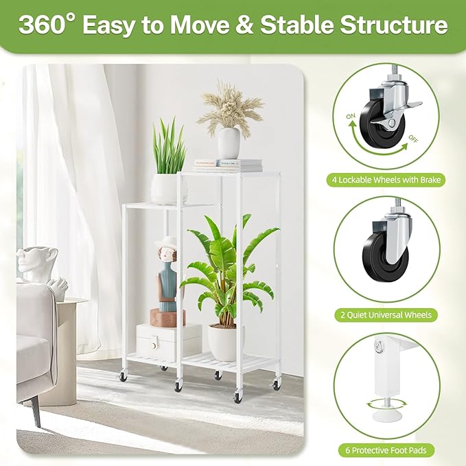 iDavosic.ly 4 Tier Plant Stand Indoor with Wheels, Metal Tiered Corner Flower Holder Shelf Outdoor for Large Pots, Tall Rolling Rack for Patio Porch Garden Balcony Living Room, White