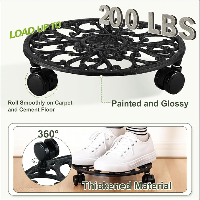 11 Inch Rolling Plant Stand with Wheels Wrought Iron Rolling Plant Stand with Casters Heavy Duty for Indoor Plants Rollers with Plant Saucers, Metal Round Plant Dolly 1 Pack