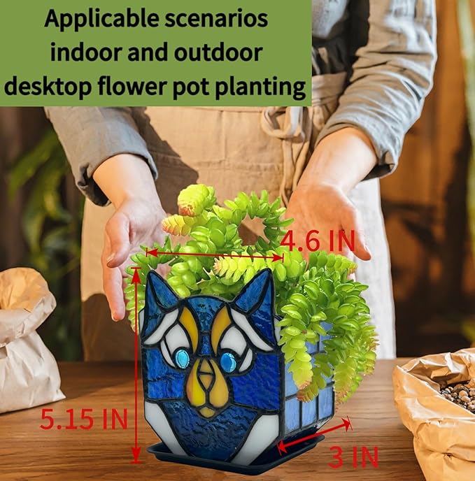 Cat Stained Glass Planter, Flower Pots for Indoor Plants,Cat Plant Decor,Fun Plant Pots Gift 4.6x3x5.15 in(Excluding Plants)