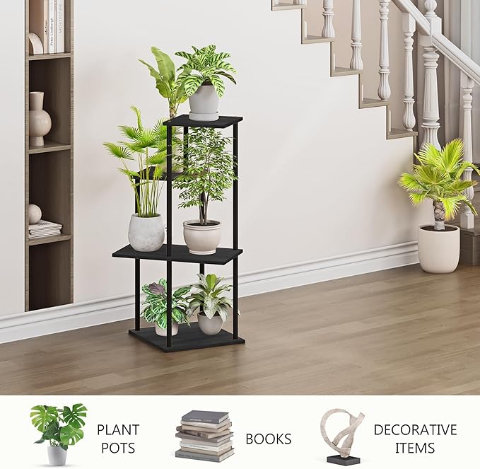 Plant Stand Indoor, 4-Tier Modern Plant Shelf for Multiple Plants, Wood Metal Flower Holder for Living Room Balcony Bedroom, Black