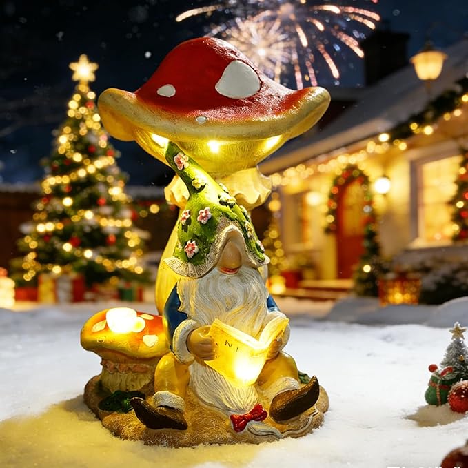 Christmas Gnomes Outdoor Statue Gnome Reading Under Mushroom with 5 LED Solar Figurine for Lawn,Patio,Balcony,Yard Decor Unique for Grandfather, Father,Grandma,Wen