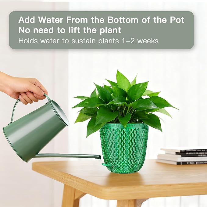 QCQHDU Self Watering Hanging Pots, 2 Pack 7.2 Inch Hanging Planters for Plants Indoor, Outdoor Flower Pots with Drainage Holes and 3 Hooks Chains for Garden Home (Emerald)