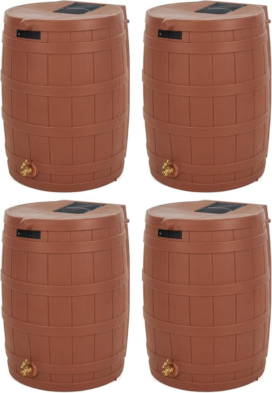 Good Ideas Rain Wizard 50 Gallon Plastic Outdoor Home Rain Barrel Water Storage Collector with Brass Spigot and Flat Back Design, Terra Cotta (4 Pack)