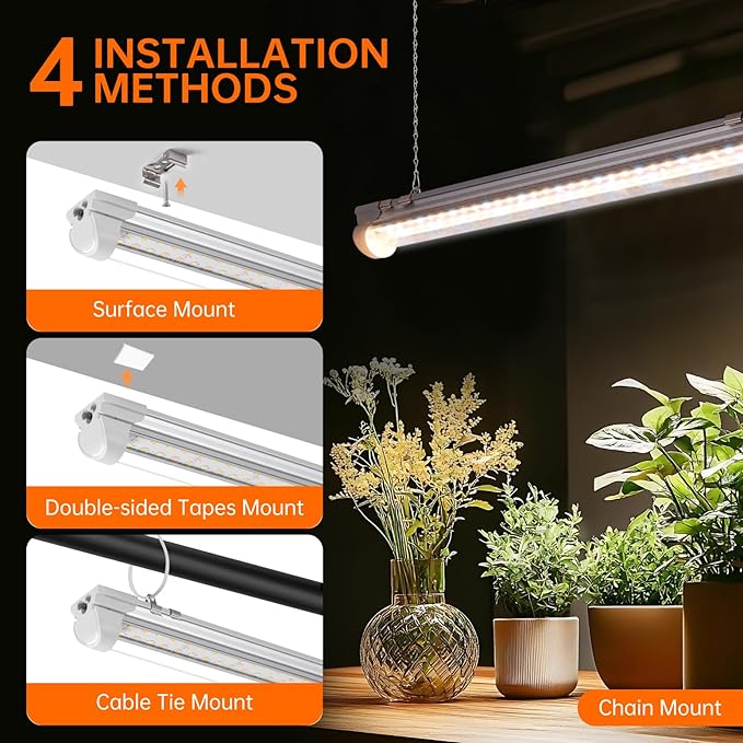 Bstrip Grow Light, 2FT 48W (2 X 24W) Plant Light with Timer, Full Spectrum with 660nm Red LEDs, Linkable Design, 3686K T8 Grow Lights for Indoor Plants, Greenhouse, Seeding, 2-Pack