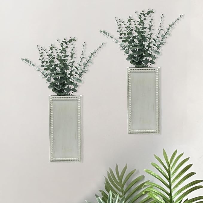 Wood Wall Planter Set of 2, Farmhouse Wall Hanging Decor Pocket Planter for Greenery and Dried Flowers, Rustic Indoor Wood Hanging Vase (White)