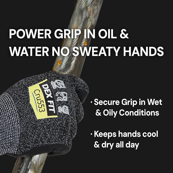 DEX FIT Level 5 Cut Resistant Gloves Cru553, 3D-Comfort Fit, Power Grip, Professional, Durable, Touchscreen, Thin, Cool