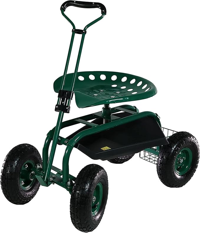 Sunnydaze Garden Seat with Wheels - Rolling Gardening Seat - Garden Stool on Wheels with Adjustable Handle and Utility Tray - Green