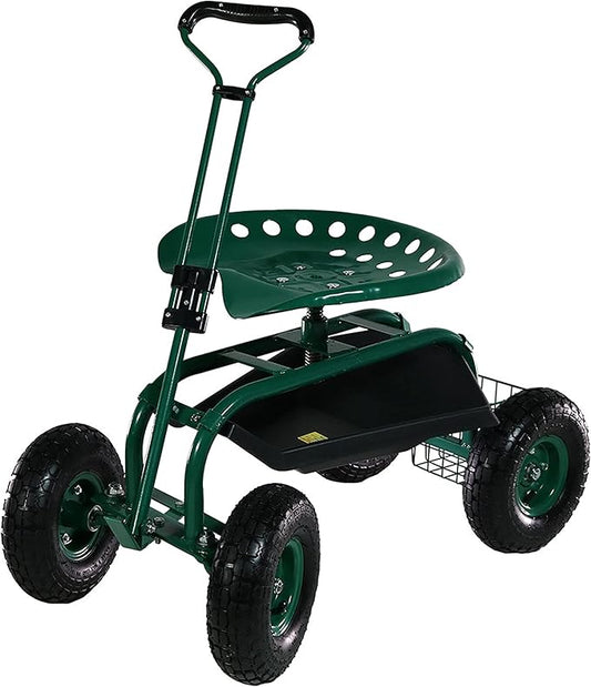 Sunnydaze Garden Seat with Wheels - Rolling Gardening Seat - Garden Stool on Wheels with Adjustable Handle and Utility Tray - Green