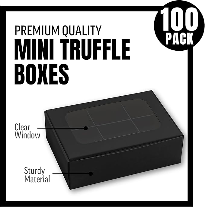 100 pcs Black Mini Truffle Box for 6 treats with Window and Dividers, Bakery Boxes, 5 x 3.5 x 1.57 Inches VERY SMALL Baking Boxes, Square Truffles Decorating Supplies for Gift Giving