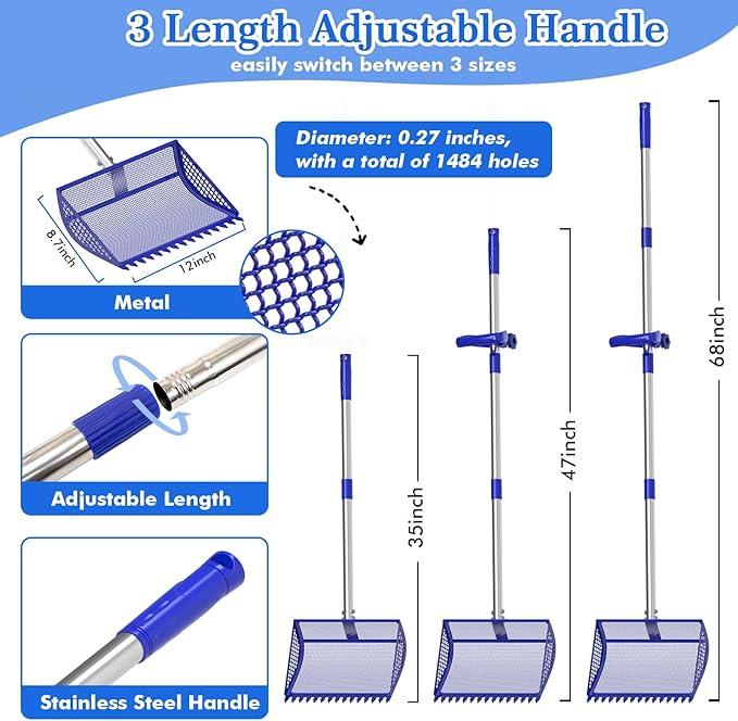 Chicken Poop Scooper & Rake 2-in-1,304 Stainless Steel Shovel Head, Chicken Litter Scoop with Handle for Chicken Coop & Pet Waste Cleaning, Litter Sifting Shovel (35 to 65") (Blue, 12inch)