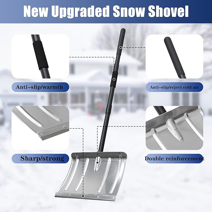 Snow Shovels for Driveway, 68 Inch Long Heavy Duty Aluminum Snow Removal Shovel Pusher for Snow Removal Portable Shovel Detachable for Car Trunk Emergency Camping Home Garage Garden