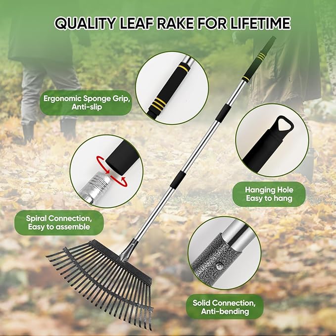 Rake Heavy Duty 6FT Long Garden Rake , 18.5 Inch Wide, 25 Metal Tines, Adjustable Stainless Steel Handle, Leaf Rakes for Leaves, Yards, Grass, Garbage, Weeds, Debris (Black)