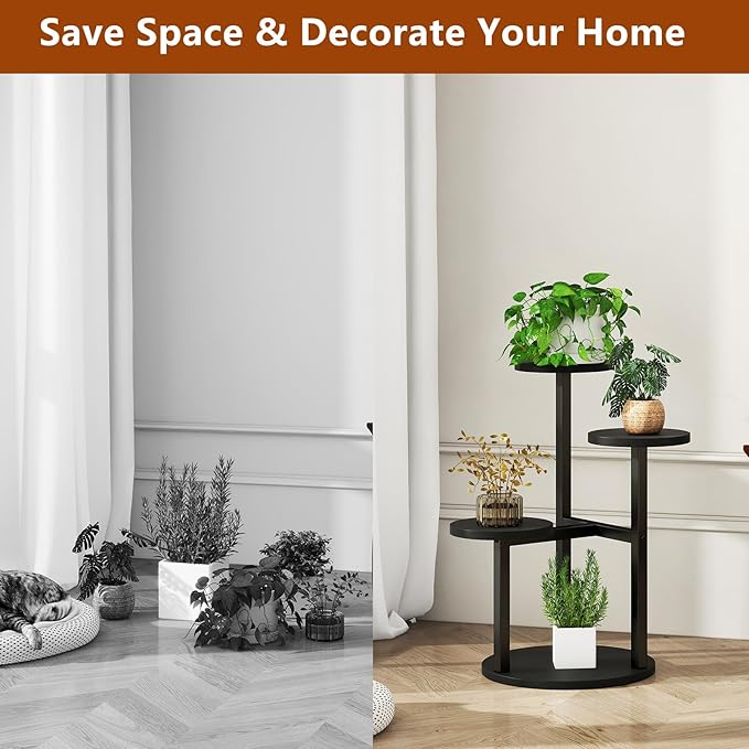 IBUYKE 4 Tier Plant Stand Indoor, Metal Wood Plant Shelf for Multiple Plants, Small Tiered Corner Flower Pot Stand for Living Room Patio Balcony Garden, Black TMJ073B