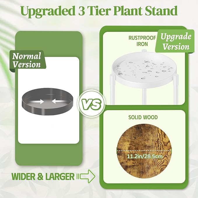 iDavosic.ly 3 Tier Corner Plant Stand Indoor, 34 Inch Tall Vertical Metal Flower Heavy Duty Pot Holder Shelf Outdoor for Patio Porch Living Room, White & Rustic Brown - Round