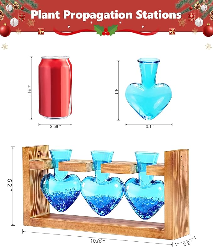 Nacome Plant Terrarium Propagation Stations: Christmas Gifts for Plant Lovers Women Mom Wife - Wooden Stand Tabletop Planter 3 Bulb Glass Vase Heart Shaped for Hydroponics Indoor Home Office Decor